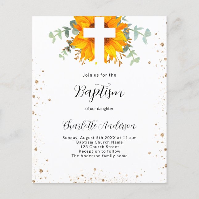 Budget Baptism sunflower eucalyptus invitation (Front)
