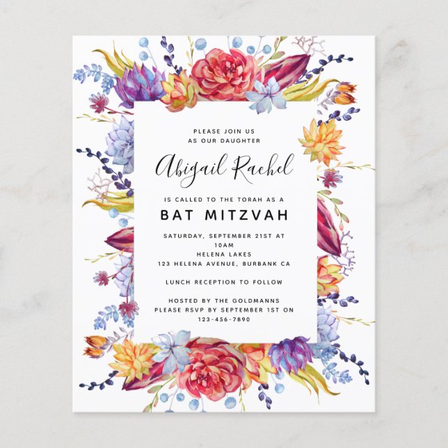 BUDGET Bat Mitzvah Succulent Invitation (Front)