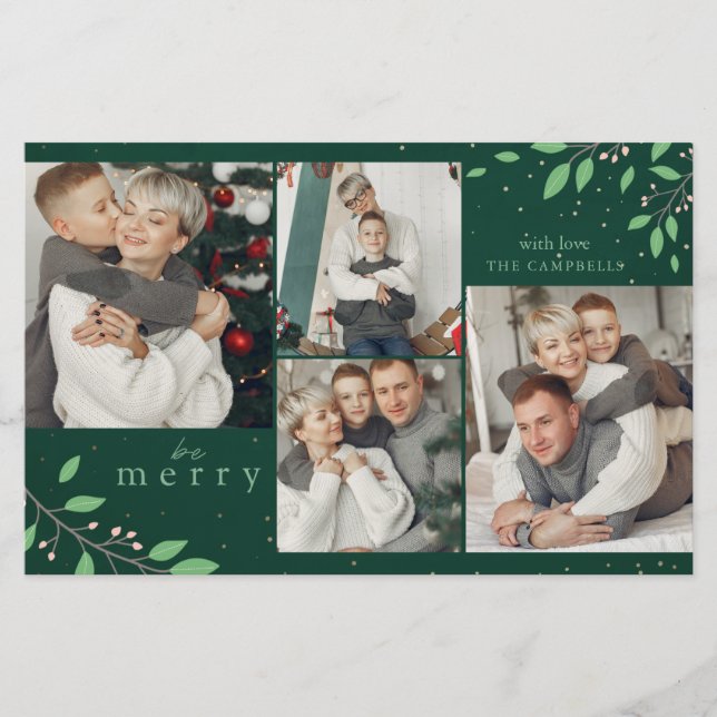 Budget Be Merry Green Botanical photo Holiday Card (Front)