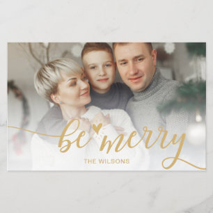Budget Be Merry Script Gold photo Holiday Card