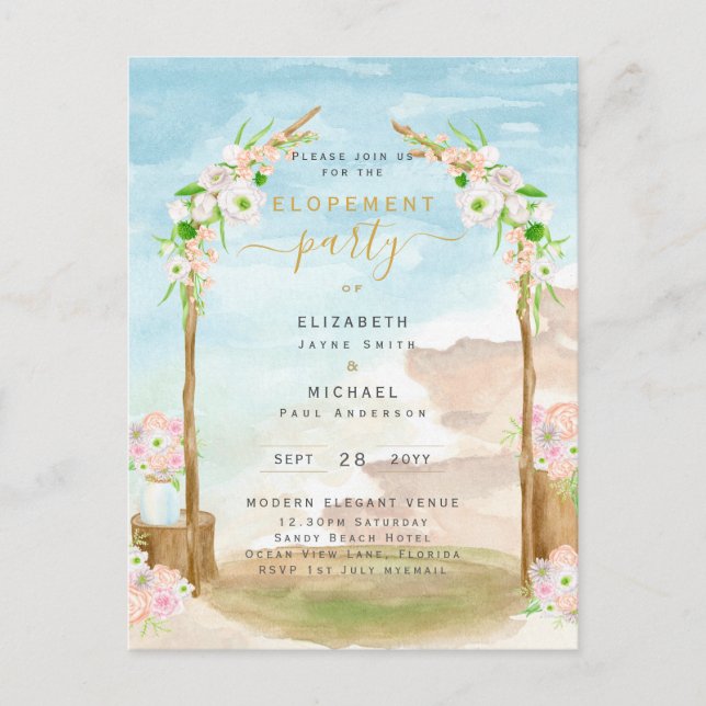 BUDGET Beach Coastal Elopement Party Invite Postcard (Front)