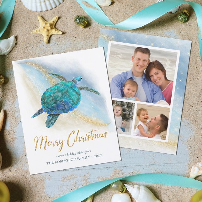 Budget Beach Sea Turtle 3 Photo Christmas Card (Creator Uploaded)