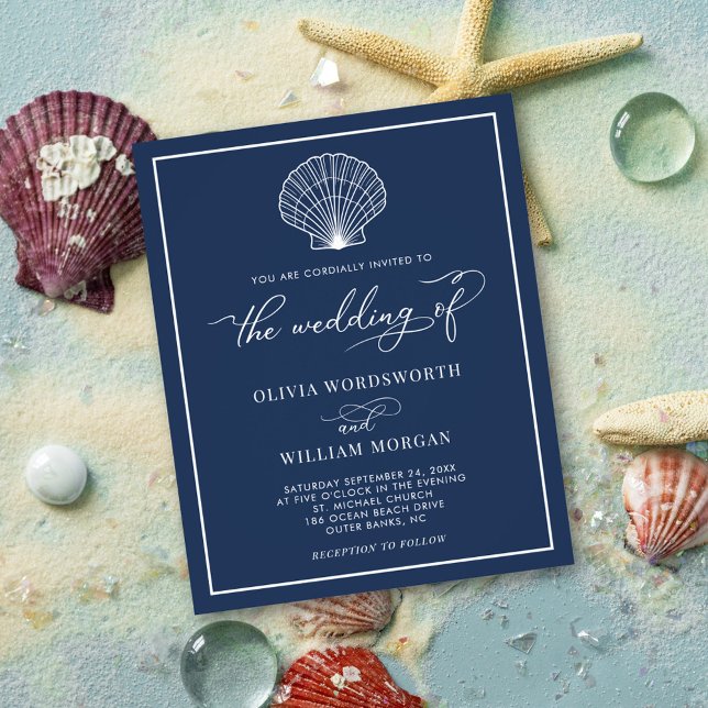 Budget Beach Seashell Wedding Invite Navy Blue Flyer (Creator Uploaded)