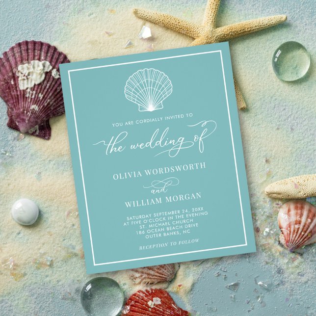 Budget Beach Seashell Wedding Invite SeaGlass Blue Flyer (Creator Uploaded)