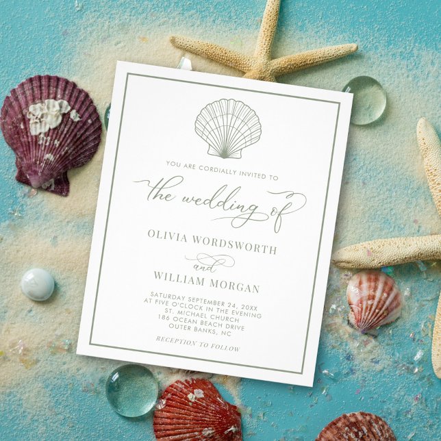 Budget Beach Shell Wedding Invitation Sage Green Flyer (Creator Uploaded)
