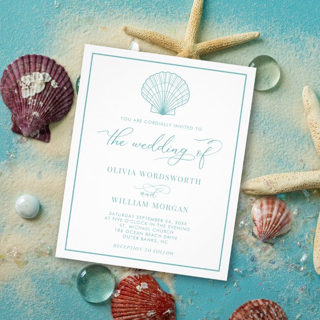 Budget Beach Shell Wedding Invite Sea Glass Blue Flyer (Creator Uploaded)