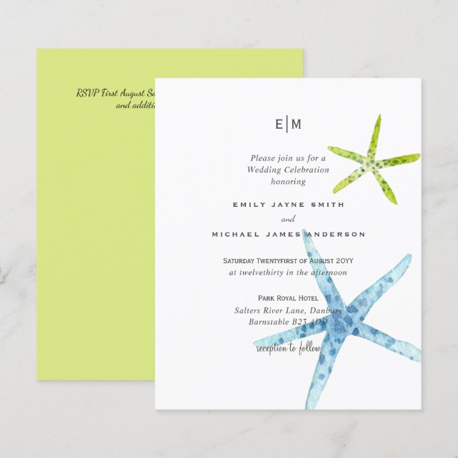 Budget Beachy Life Blue Lime Wedding Invites (Front/Back)