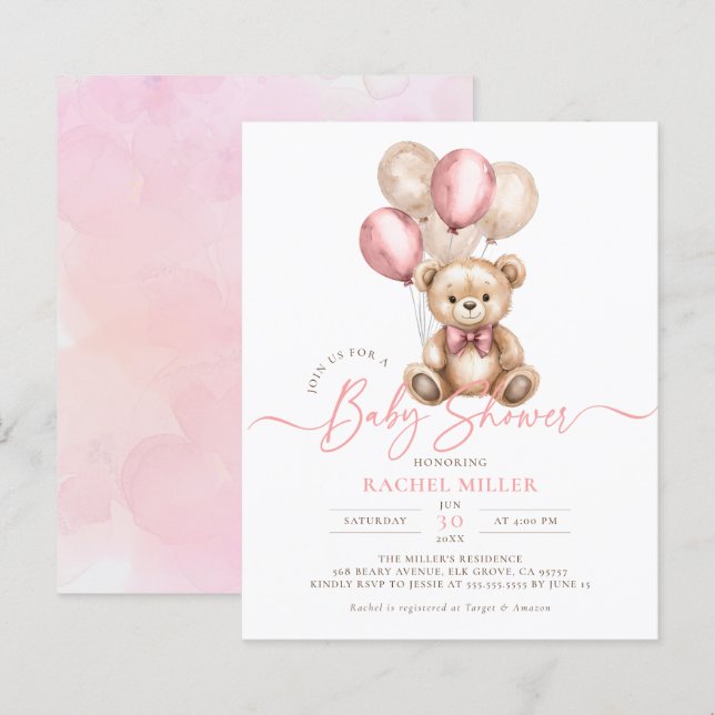 Budget Bear Balloons Pink Girl Baby Shower Invite (Front/Back)
