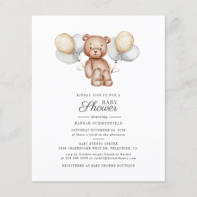 Budget Bear Balloons Script Baby Shower Invitation (Front)