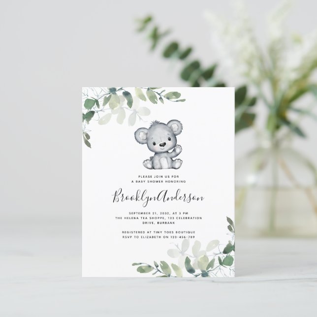 BUDGET Bear Eucalyptus Baby Shower Invitation (Standing Front)