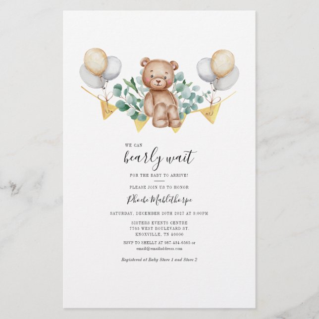 Budget Bear Eucalyptus Greenery Baby Shower Card (Front)