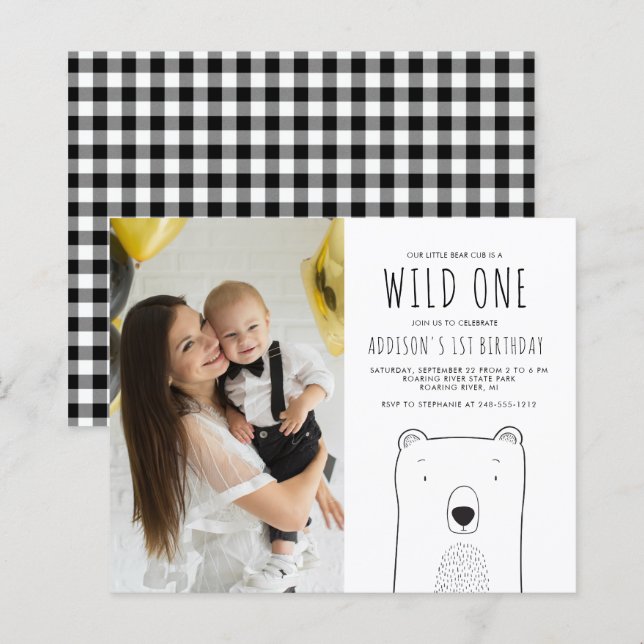 Budget Bear Wild One Photo 1st Birthday Invitation (Front/Back)