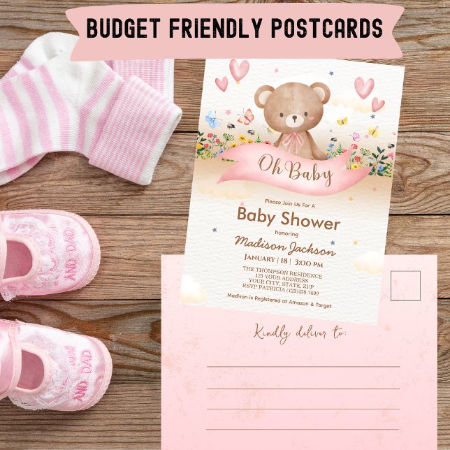 Budget Bear Wildflowers Girls Baby Shower Postcard (Creator Uploaded)
