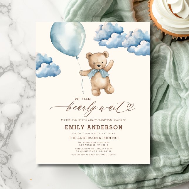 Budget Bearly Wait Neutral Blue Boy Baby Shower Flyer (Creator Uploaded)