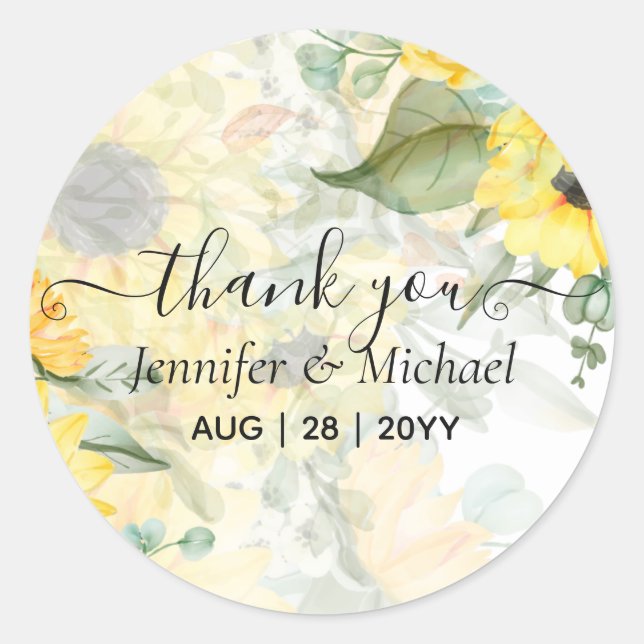 Budget Beautiful SUNFLOWERS GREENERY Wedding Classic Round Sticker (Front)