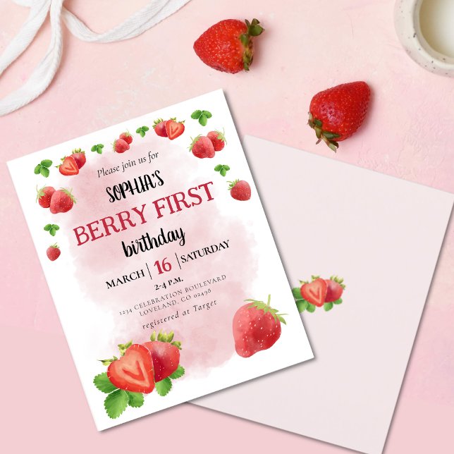 Budget Berry 1st Strawberry Birthday Party Invite (Creator Uploaded)