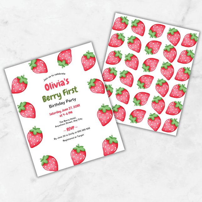 Budget Berry First Birthday 1st Birthday Invite  (Budget Berry First Birthday Strawberry 1st Birthday Invitation )