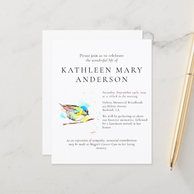 BUDGET Bird Celebration of Life Invitation (Front/Back In Situ)