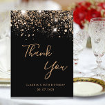 Budget Birthday black gold glitter thank you card<br><div class="desc">A thank you card for a 50th (or any age) birthday. A black background colour,  decorated with faux gold glitter. On front large dark golden coloured hand lettered script and the text: Thank You,  your text,  title and a date. 
Back: Personalise and add Your thank you note and name.</div>