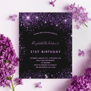 Budget birthday black purple glitter invitation