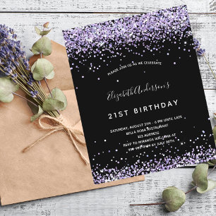 Budget birthday black purple glitter invitation