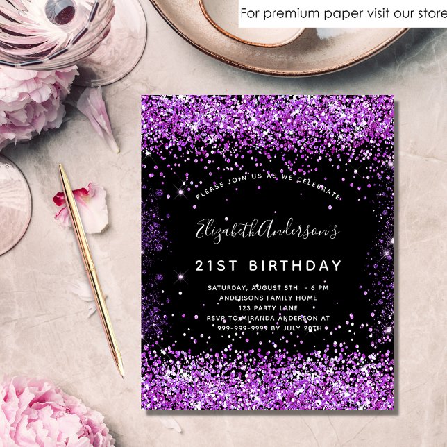 Budget birthday black purple glitter invitation (Creator Uploaded)