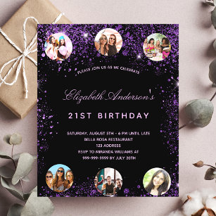 Budget birthday black purple photo invitation