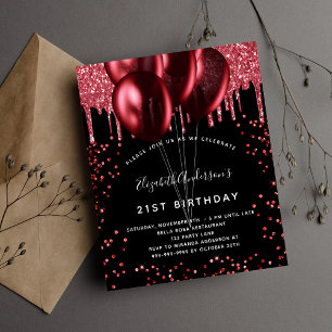 Budget birthday black red glitter invitation
