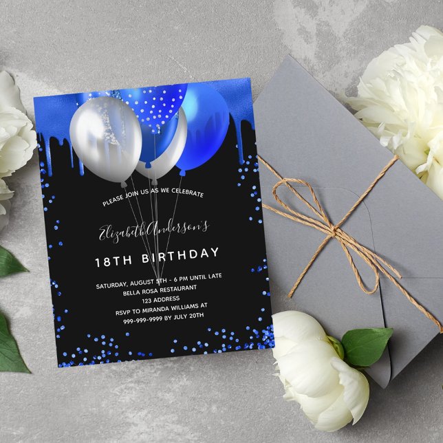 Budget birthday black royal blue invitation (Creator Uploaded)