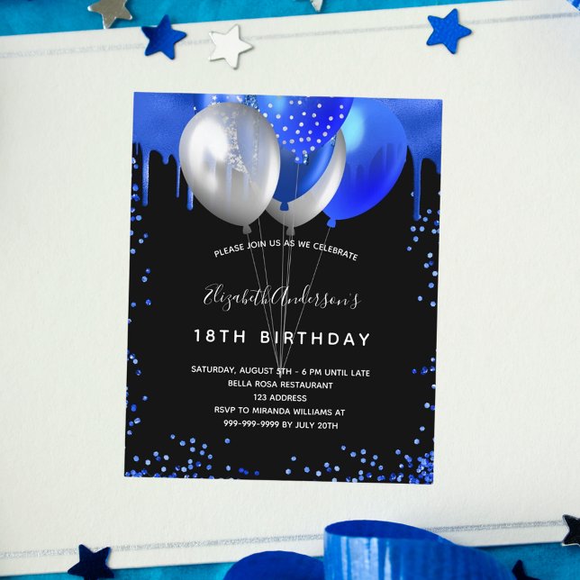 Budget birthday black royal blue photo invitation (Creator Uploaded)