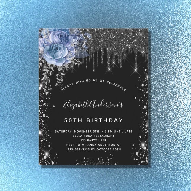 Budget birthday black silver glitter blue floral (Creator Uploaded)