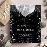 Budget birthday black silver glitter invitation<br><div class="desc">For an elegant 21st (or any age) birthday.  A stylish black background. Decorated with faux silver glitter and balloons.  Personalise and add a name,  age and party details. The name is written with a hand lettered style script</div>