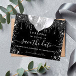 Budget birthday black silver glitter save the date<br><div class="desc">A girly and trendy Save the Date card for a 18th (or any age) birthday party. A black background decorated with faux silver glitter drips,  sparkles,  and balloons. Personalise and add a date and name/age.  The text: Save the Date is written with a large trendy hand lettered style script.</div>