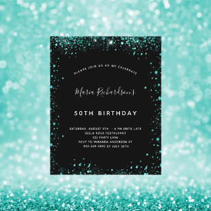 Budget birthday black teal green invitation