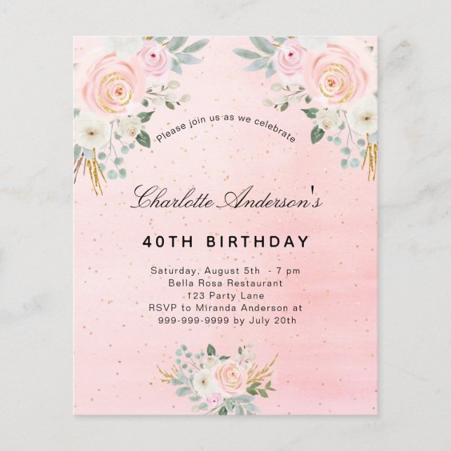 Budget birthday blush pink floral invitation (Front)