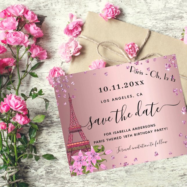 Budget birthday blush pink paris save the date (Creator Uploaded)