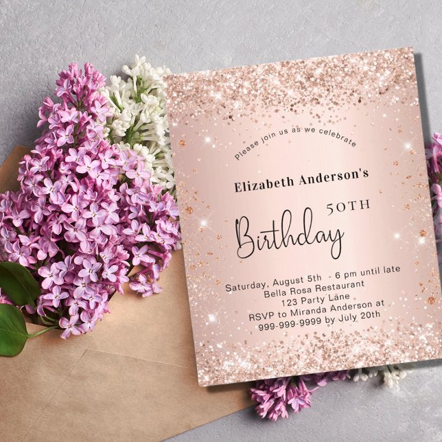 Budget birthday blush rose gold glitter invitation (Creator Uploaded)