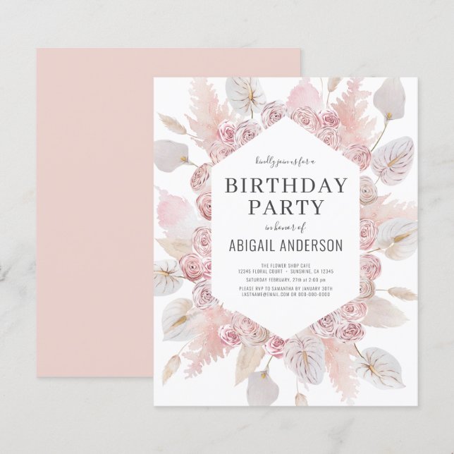 Budget Birthday  Boho Blush Pink Party Invitation (Front/Back)