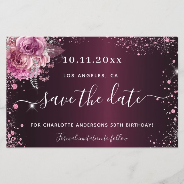 Budget birthday burgundy pink floral save the date (Front)