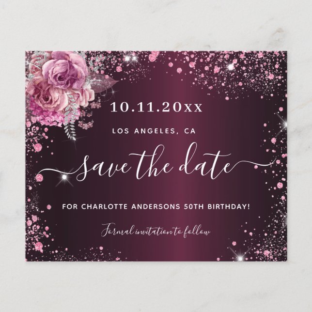 Budget birthday burgundy pink floral save the date (Front)