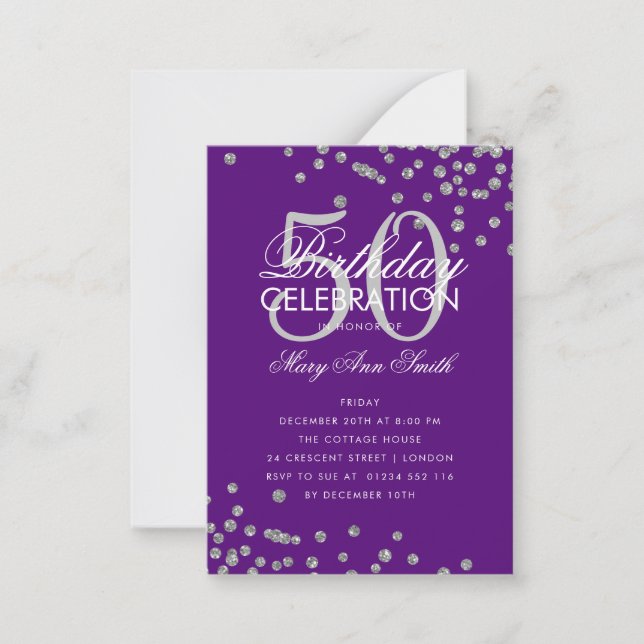 Budget Birthday Confetti Silver Purple Invite (Front)