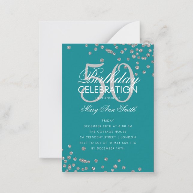 Budget Birthday Confetti Silver Teal Invite (Front)