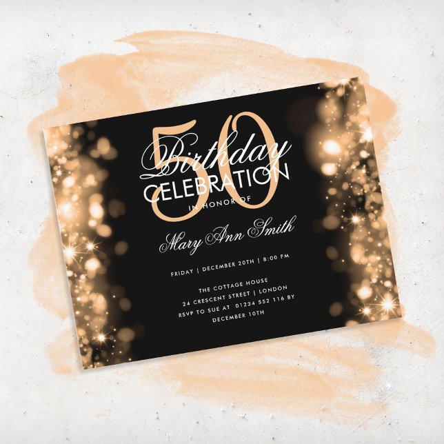 Budget Birthday Elegant Gold Glam Lights Invite Postcard (Creator Uploaded)