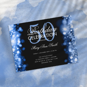 Budget Birthday Elegant Navy Blue Lights Invite Postcard
