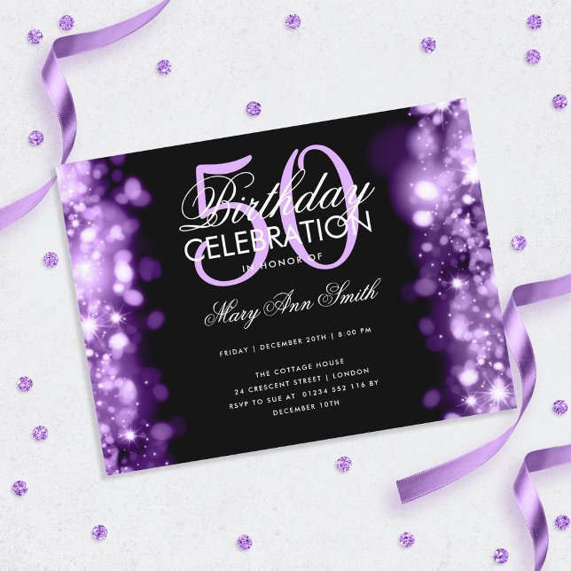 Budget Birthday Elegant Purple Lights Invite Postcard (Creator Uploaded)
