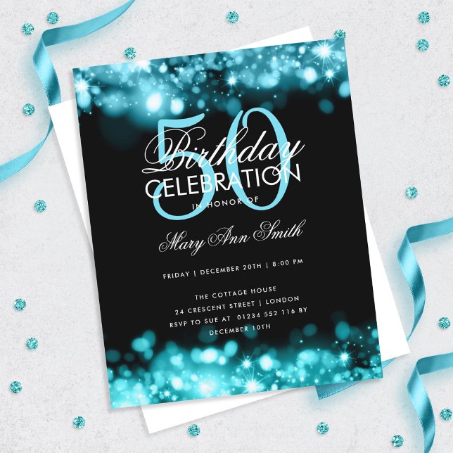 Budget Birthday Elegant Teal Lights Invite (Creator Uploaded)