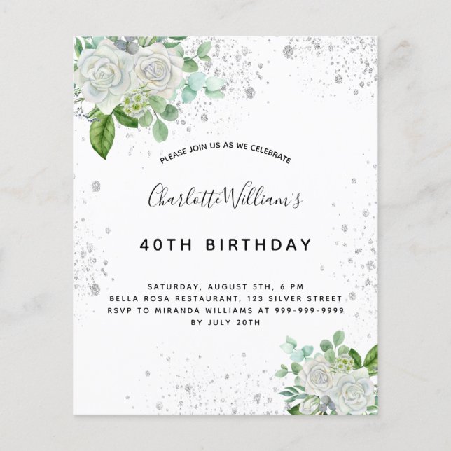 Budget birthday floral silver glitter invitation (Front)