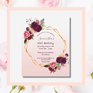 Budget Birthday floras rose gold invitation