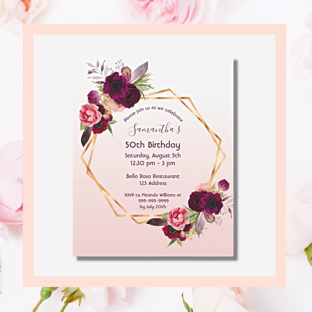 Budget Birthday floras rose gold invitation (Creator Uploaded)