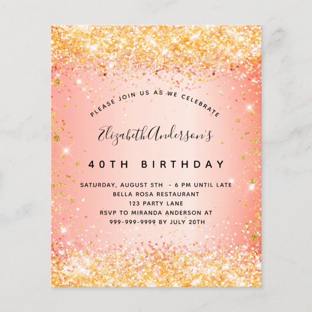 Budget birthday glitter orange gold invitation (Front)